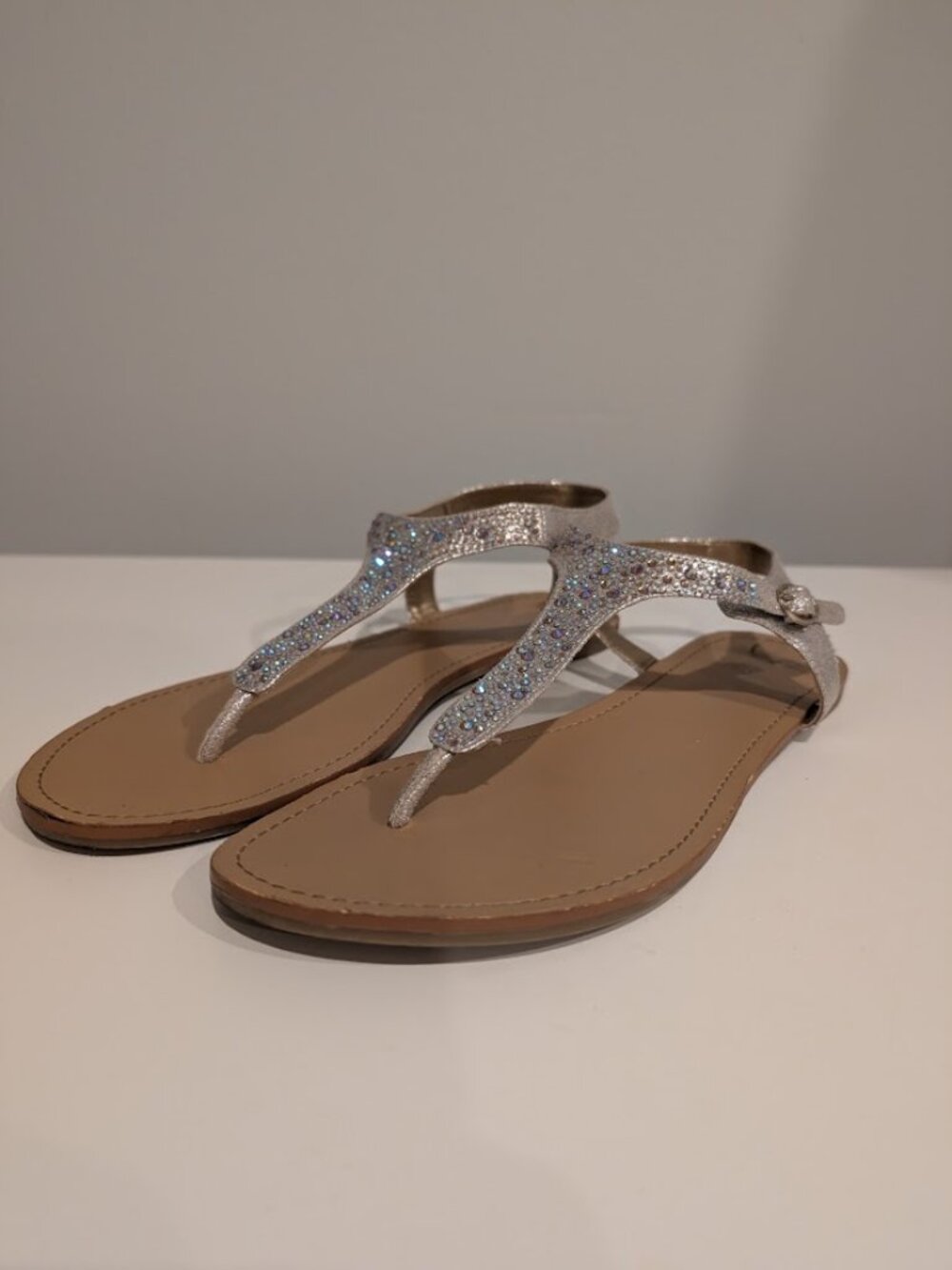 BCBGeneration Silver T-Strap Sandals with Crystals
